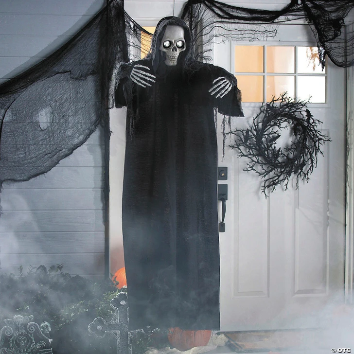 5 Ft. Animated Eyes Hanging Skeleton Reaper with Black Robe Halloween Decoration