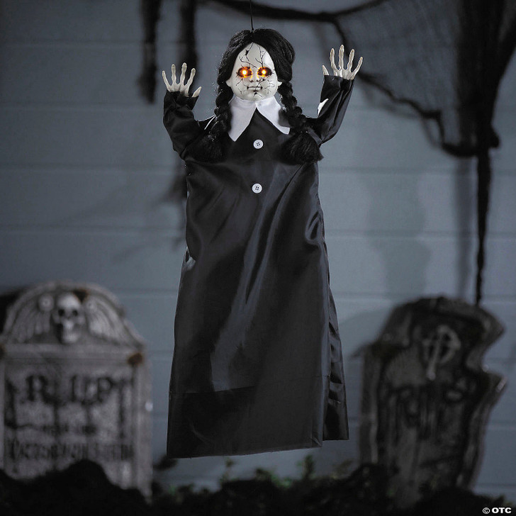 27 1/2" Animated Hanging Cracked Face Doll with Black Dress Halloween Decoration