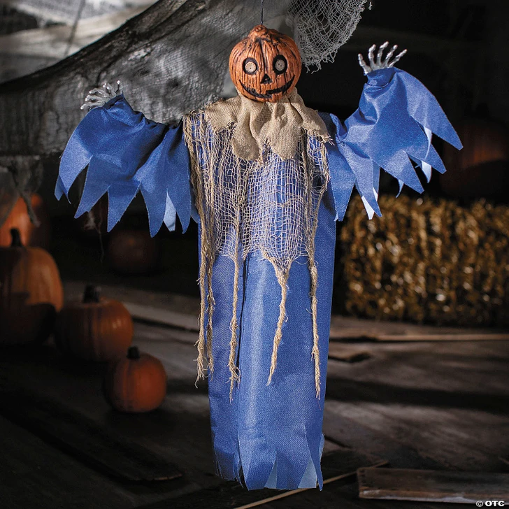 27 1/2" Hanging Blue & Burlap Pumpkin Man Halloween Decoration