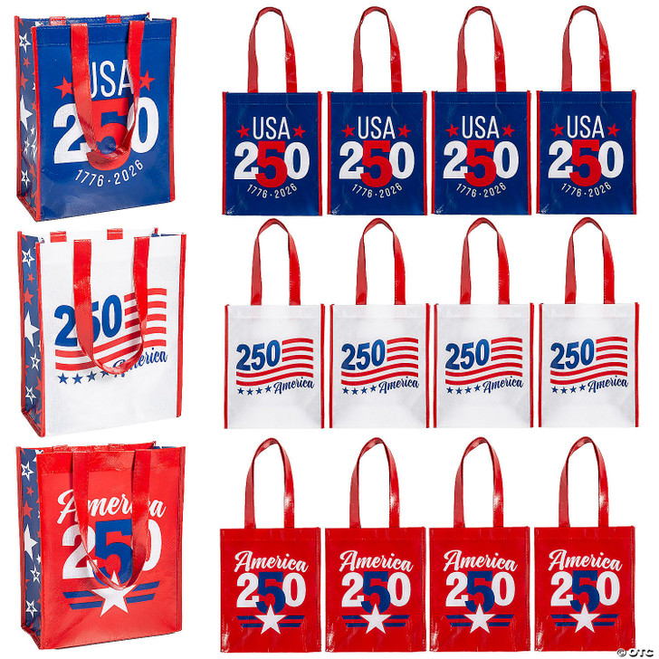 9" x 11" Medium Patriotic America 250th Anniversary Laminated Shopper Tote Bags – 12 Pc.