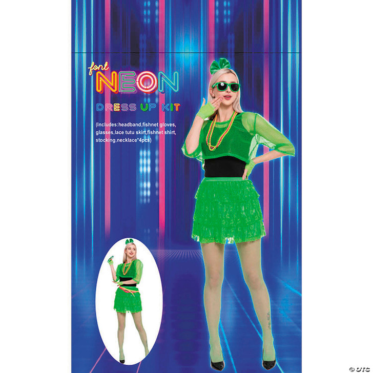 Adults Neon Green 80's Outfit Costume Accessory Kit - 11 Pc.