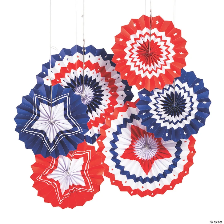 12" Patriotic Burst Hanging Paper Fan Decorations – 6 Pc.