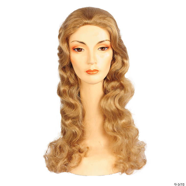 Long wavy blonde costume wig displayed on a mannequin head, featuring soft curls and a center part.