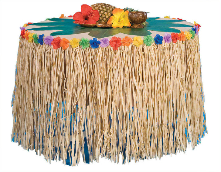 Tropical Sun 9 X 28 Tropical Raffia Grass Table Skirt with Flowers