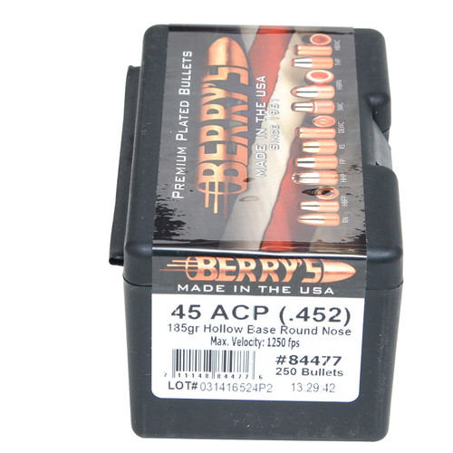 Berry's Superior 45 Caliber 185 Grain Hollow Base Round Nose Plated Reloading Bullets 250-Count