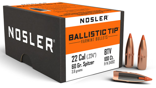 Nosler Ballistic Tip Varmint 22Cal 60gr Polymer Tip Spitzer Bullets 100/Box