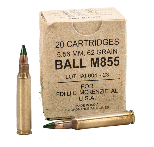 FDI 5.56x45mm M855 Green Tip 62 Grain Full Metal Jacket(FMJ) - Free Ammo Can with 1000ct or more! - 20 Rounds