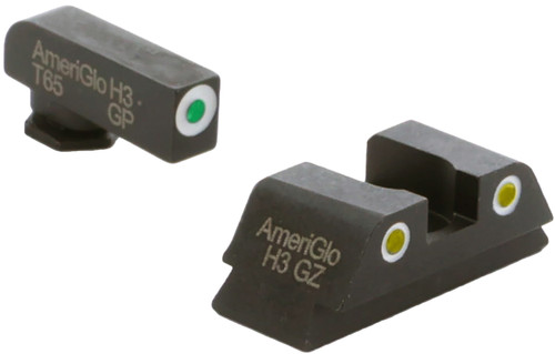 AmeriGlo GL431 Classic Tritium Sight Set for Glock 42/43/43X/48 – Green Tritium White Outline Front, Yellow Tritium White Outline Rear