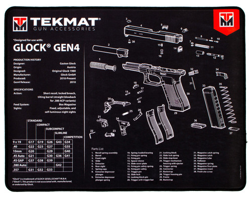 TekMat Glock Gen4 Parts Diagram Ultra 20 Gun Cleaning Mat Black/White Rubber 15"x20"
