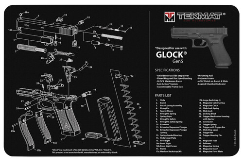 TekMat Glock Gen5 Parts Diagram Gun Cleaning Mat Black/White Rubber 11"x17"