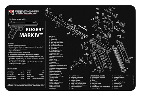 TekMat Ruger Mark IV Parts Diagram Gun Cleaning Mat Black/White Rubber 11"x17"