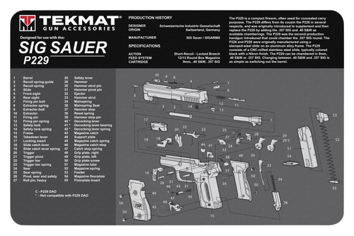 TekMat Sig Sauer P229 Parts Diagram Gun Cleaning Mat Black/White Rubber 11"x17"