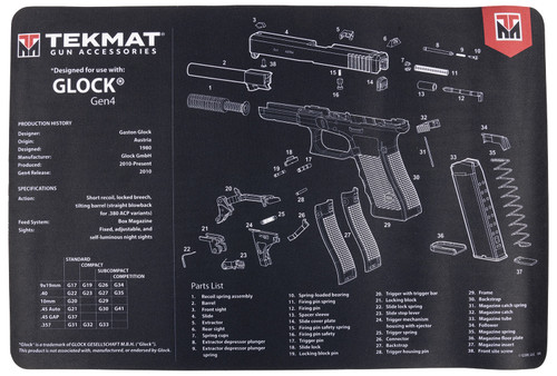 TekMat Glock Gen4 Gun Cleaning Mat 11"x17" Black/White Rubber with Parts Diagram