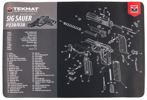 TekMat Sig Sauer P238 Gun Cleaning Mat 11"x17" Black/Gray Rubber with Parts Diagram