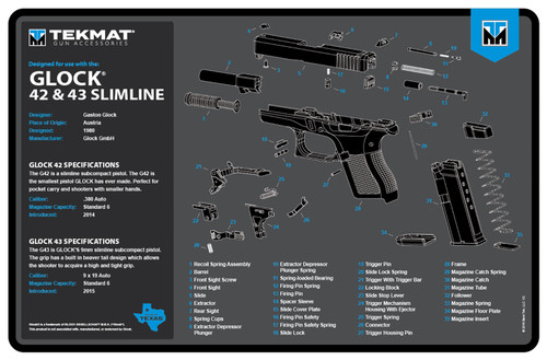 TekMat Glock 42/43 Parts Diagram Cleaning Mat Black/Blue/White Rubber 11"x17"