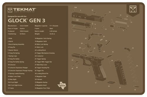 TekMat Glock Gen 3 Parts Diagram Cleaning Mat Flat Dark Earth Rubber 11"x17"