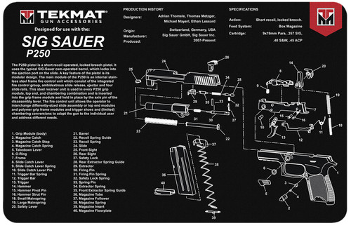 TekMat Sig Sauer P250 Gun Cleaning Mat 11"x17" Black/White Rubber with Parts Diagram
