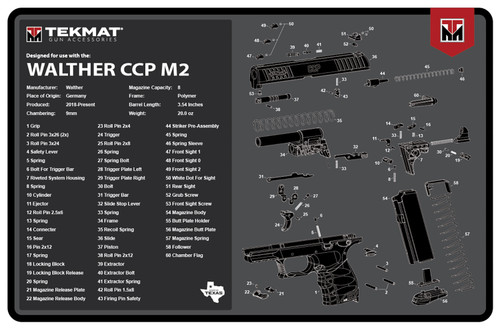 TekMat Walther CCP M2 Gun Cleaning Mat 11"x17" Black/White Rubber with Parts Diagram