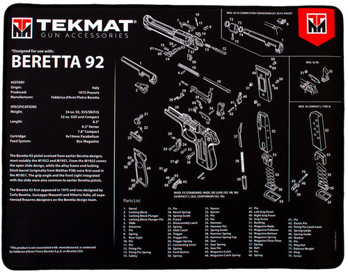 TekMat Beretta 92 Ultra 20 Gun Cleaning Mat 15"x20" Black/White Rubber with Parts Diagram