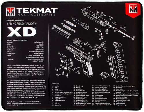 TekMat Springfield Armory XD Ultra 20 Gun Cleaning Mat 15"x20" Black/White Rubber with Parts Diagram