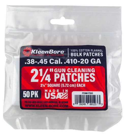 KleenBore P203 Super Shooter .38/.45 Cal 20/.410 Gauge Cotton Cleaning Patches 2.25" 50-Pack