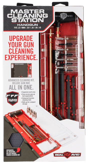 Real Avid AVMCSP Master Cleaning Station for .22/9mm/.357/.38/.40/.45 Cal Pistol with Bronze and Nylon Brushes