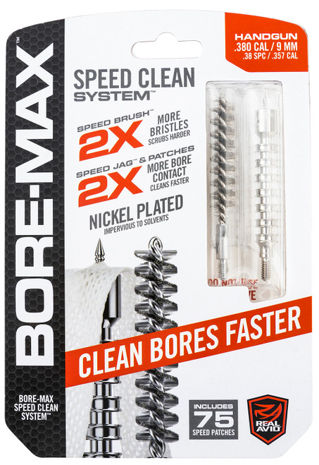 Real Avid Bore-Max Speed Clean Upgrade Set 9mm Pistol Nickel-Plated Jag and Brush with Patches