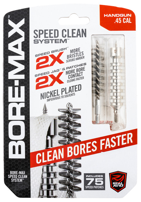 Real Avid Bore-Max Speed Clean Upgrade Set 45 Cal Pistol Nickel-Plated Jag and Brush