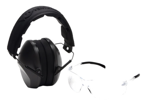 Pyramex VGCOMBO110 Low-Profile Safety Combo Kit Clear Lens Scratch-Resistant Glasses with Gray Earmuffs