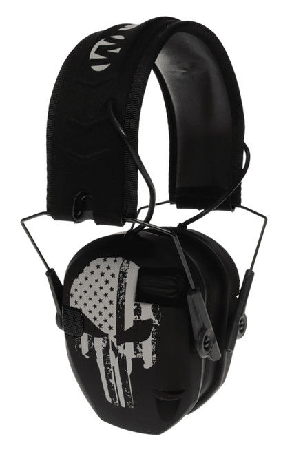 Walker's WPRSEMFSPUN Razor Slim Freedom Electronic Muff 23 dB Over the Head Black Distressed Punisher Flag