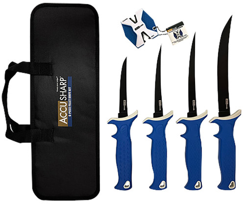 AccuSharp 737C 6-Piece Fillet Knife Kit 4.75/5.50/6.50/8" Titanium-Coated Stainless Blades - Blue TPR Handles with Sharpener & Case