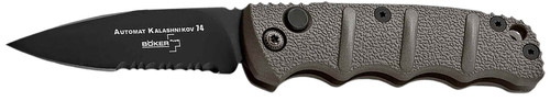 Boker 01KALS96 Kalashnikov 2.52" Drop Point Plain/Serrated Black D2 Steel Blade Gray Aluminum Handle