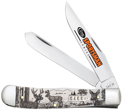 Case 81220 Trapper Sportsman Folding Knife, Clip Point/Spey Mirror Polished Tru-Sharp SS Blades, Deer Embellished Natural Bone Handle