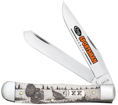 Case 81221 Trapper Sportsman Folding Knife, Clip Point/Spey Mirror Polished Tru-Sharp SS Blades, Turkey Embellished Natural Bone Handle