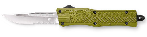 CobraTec CTK-1 Small SODCTK1SDS 2.75" OTF Drop Point Part Serrated D2 Steel Blade OD Green Aluminum Handle Glass Breaker