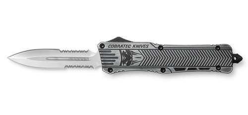 CobraTec CTK-1 Large OTF Dagger 3.75" Part Serrated D2 Steel Blade Stonewashed Aluminum Handle w/ Glass Breaker