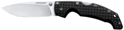 Cold Steel CS29AB Voyager Large 4" Folding Plain Drop Point Stone Washed AUS-10A Steel Blade Black Griv-Ex Handle