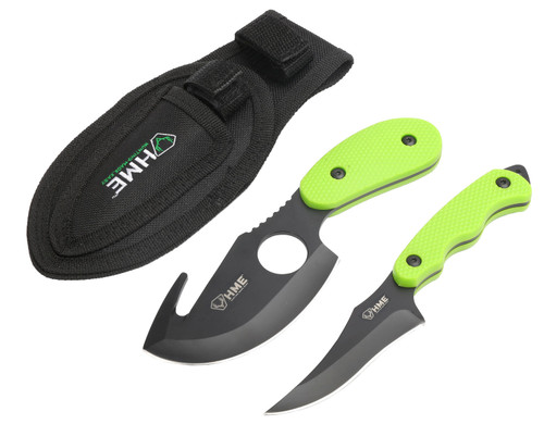 HME HMEKN2PSGC 2-Piece Skinning Kit 3.50" Fixed Gut Hook Skinner and Caping Knife Black Oxide 420HC Blade Green TPR Handle