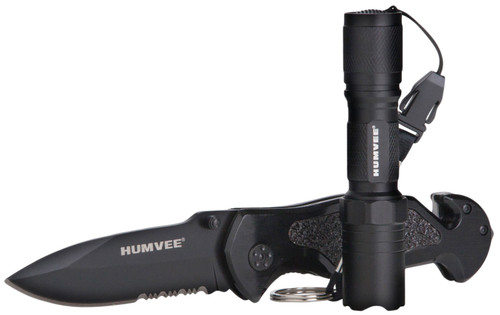 Humvee Adventure Gear HMVKCER1 Rescue Combo 3.25" Folding Spear Point Part Serrated SS Blade Black Aluminum Handle Glass Breaker Seatbelt Cutter with LED Flashlight