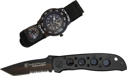 S&W SWXTMOPS2 Extreme Ops Combo 3.18" Folding Knife Black 420 SS Blade & Water Resistant Compass Watch