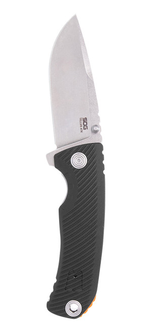S.O.G Tellus ATK 3.50" Assisted Opening Folding Knife Clip Point Stonewashed Cryo 440C Blade Black GRN Handle with Belt Clip