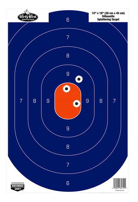 Birchwood Casey 35720 Dirty Bird Silhouette Tagboard Hanging Pistol 12" x 18" Blue/Orange White Impact Splatter 50 Per Pkg