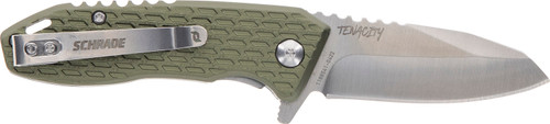 Schrade Tenacity Folding Modified Drop Point Part Serrated Satin AUS-10A SS Blade Green Aluminum Handle