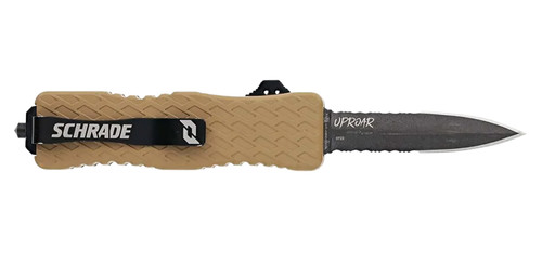 Schrade Uproar Automatic 3" OTF Dagger Part Serrated Black Oxide D2 Steel Blade FDE Textured Aluminum Handle