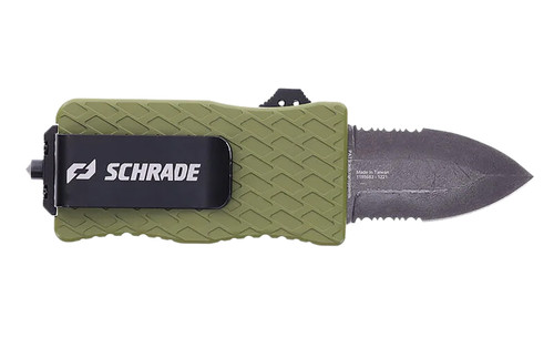 Schrade Uproar Tactical Mini 1.90" OTF Serrated Dagger Satin D2 Steel Blade OD Green Aluminum Handle