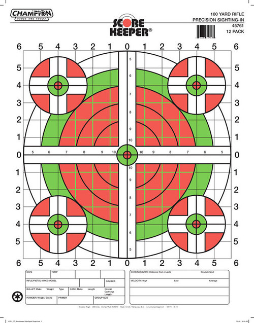 Champion Targets 45796 Score Keeper Sight-In Fluorescent Bullseye Pistol/Rifle Paper Target 100 yds Large 12 PK