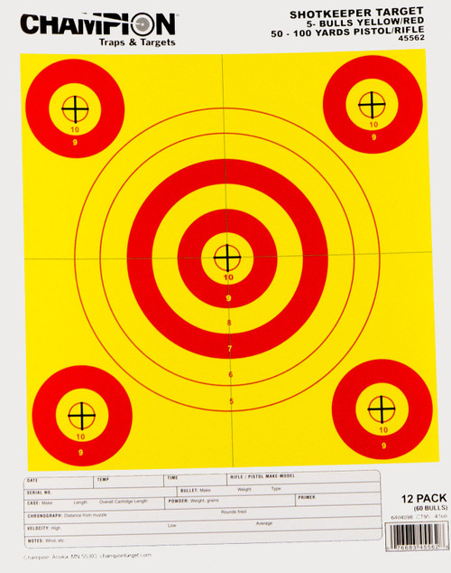 Champion Targets 45562 Shotkeeper 5-Bullseye Pistol/Rifle Targets, Yellow/Red, 50-100 Yds, 12-Pack
