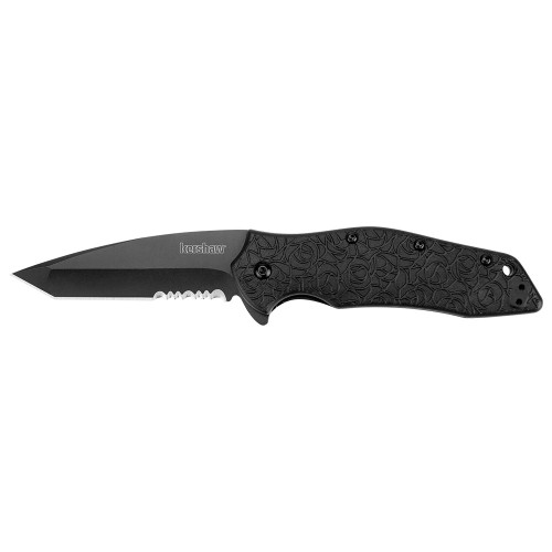 Kershaw Kuro Folding Knife, 3-1/10" Partially Serrated Tanto Blade, Black