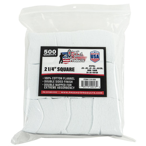 Pro-Shot 2-1/4" Square 100% Cotton Gun Cleaning Patches 500 Count .38-.45 Cal/.20-410 Ga