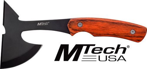 MC MTECH 9" TOMAHAWK W/SHEATH 3" BLACK BLADE PAKKAWOOD HNDL